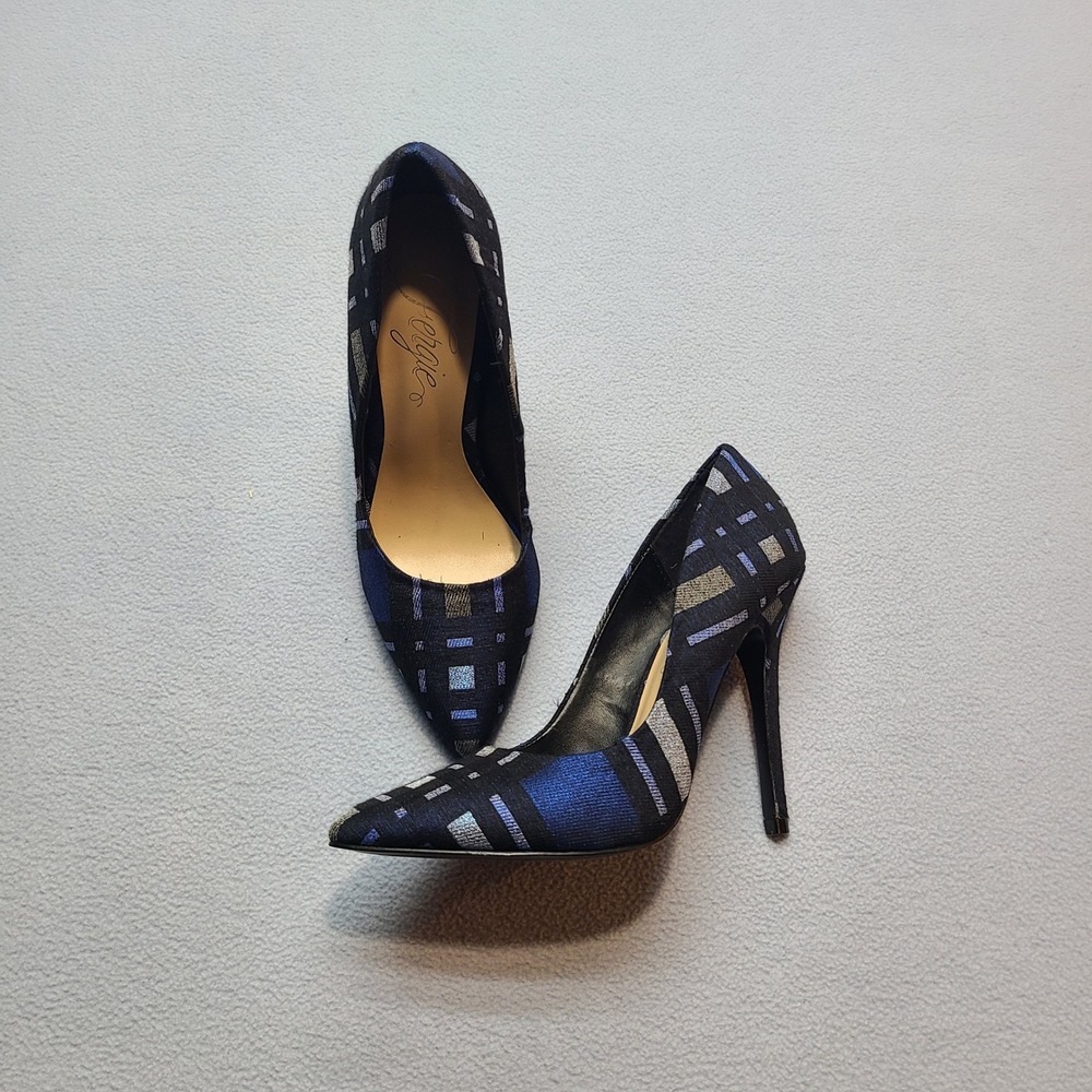 Fergie Alexi Pumps Womens 7 Blue Excellent Geometric Stiletto Pointed Toe Heel